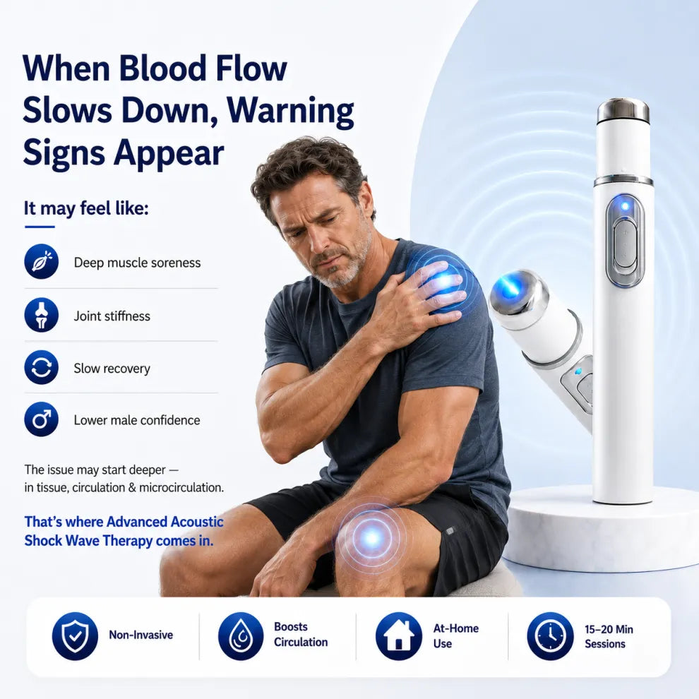 Man experiencing shoulder and knee discomfort with acoustic device