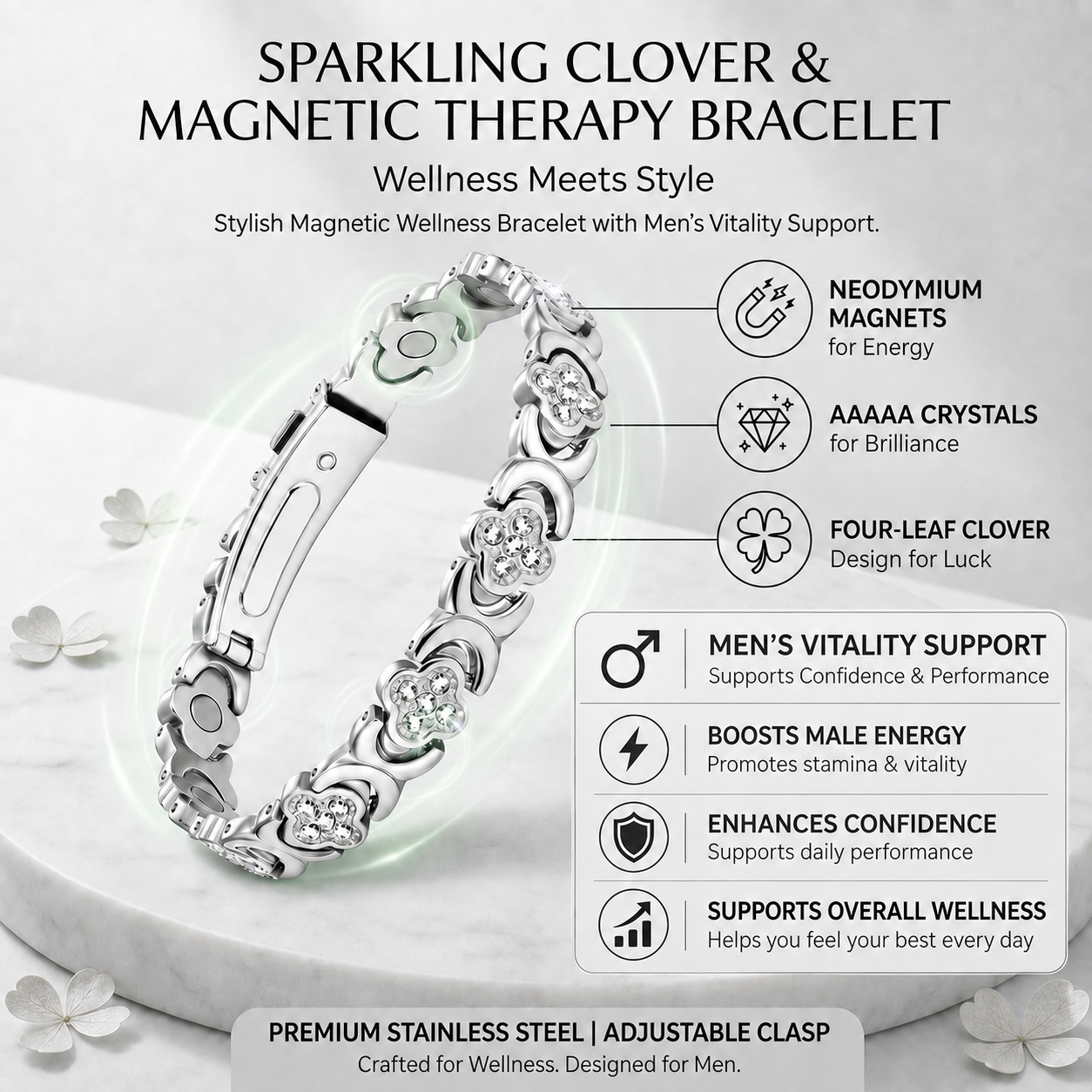 Lucky Clover Men's Magnetic Vitality Bracelet