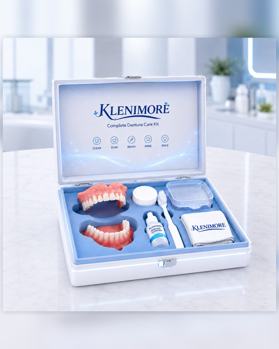 KLENIMORE complete denture set displayed in a storage case